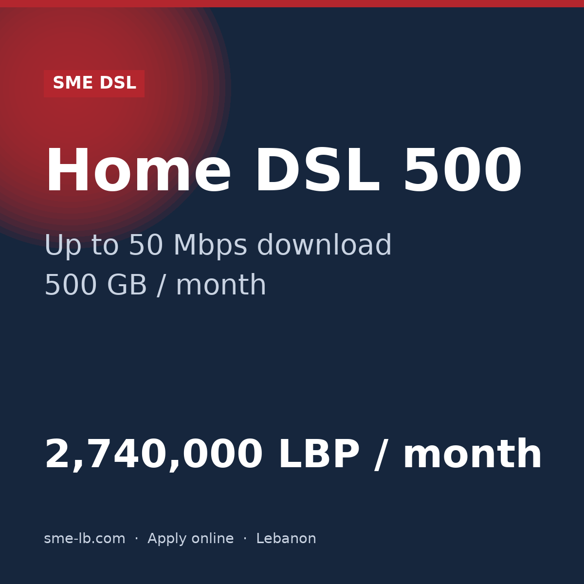 Home DSL 500 — SME DSL plan card: Up to 50 Mbps, 500 GB, 2,740,000 LBP per month